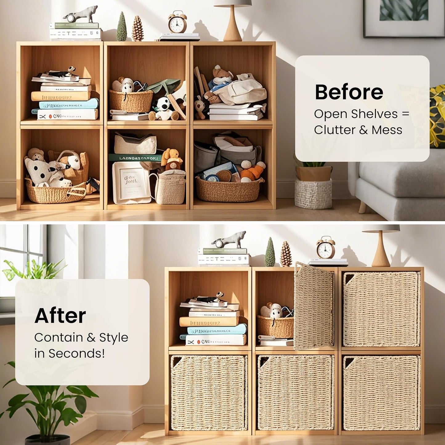 11" Handwoven Natural Fibre Doors for Cube Storage Shelf, Set of 3, Boho Straw Shelf Cover for Small Bookcase & Open Bookshelf, Rustic Farmhouse Home Decor, Beige (Door ONLY)