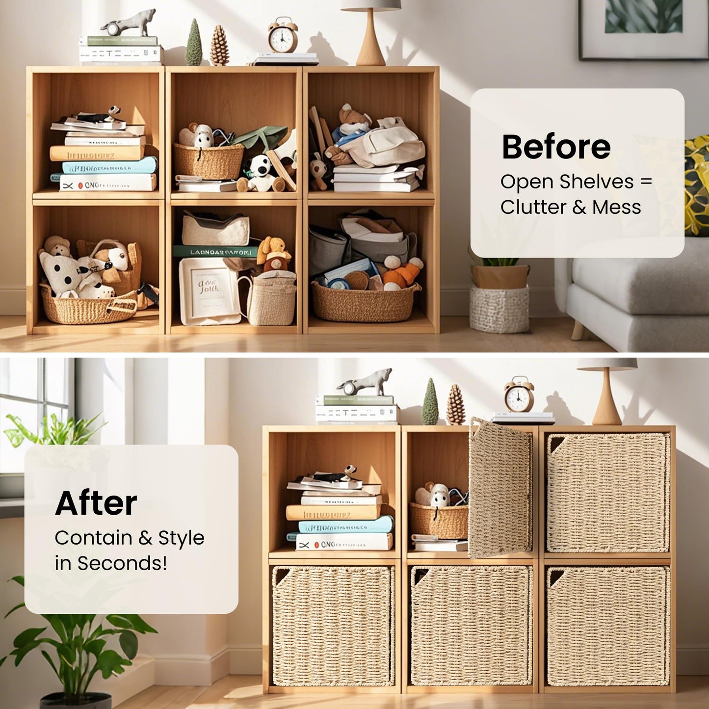 11" Handwoven Natural Fibre Doors for Cube Storage Shelf, Set of 3, Boho Straw Shelf Cover for Small Bookcase & Open Bookshelf, Rustic Farmhouse Home Decor, Beige (Door ONLY)