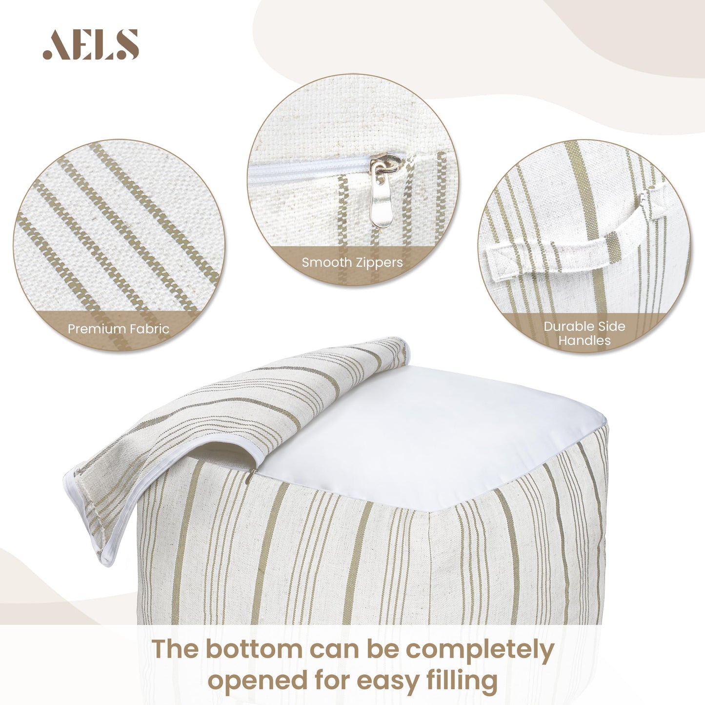 AELS Unstuffed Farmhouse Pouf Cover for Living Room, Boho Storage Bean Bag Cubes, Beige with Brown Stitch Yarn Dyed Stripe Square Ottoman Pouf Foot Rest Footstool, 18"x18"x18", Cover ONLY