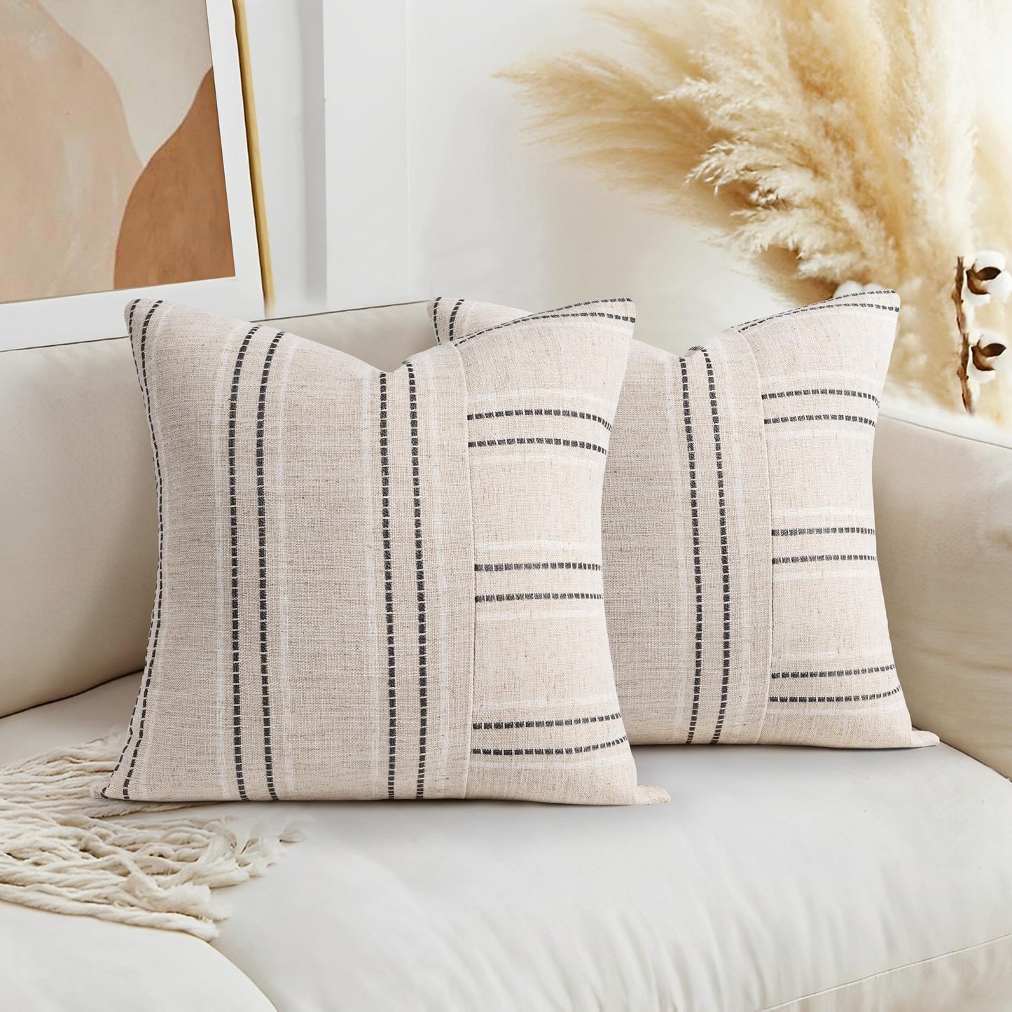 AELS 12x20 Decorative Farmhouse Linen Throw Pillow Covers, Boho Rectangle Lumbar Pillow Case, Set of 2, Beige with White & Gray Stripe Patchwork Cushion Cover for Sofa Couch Living Room (Cover ONLY)