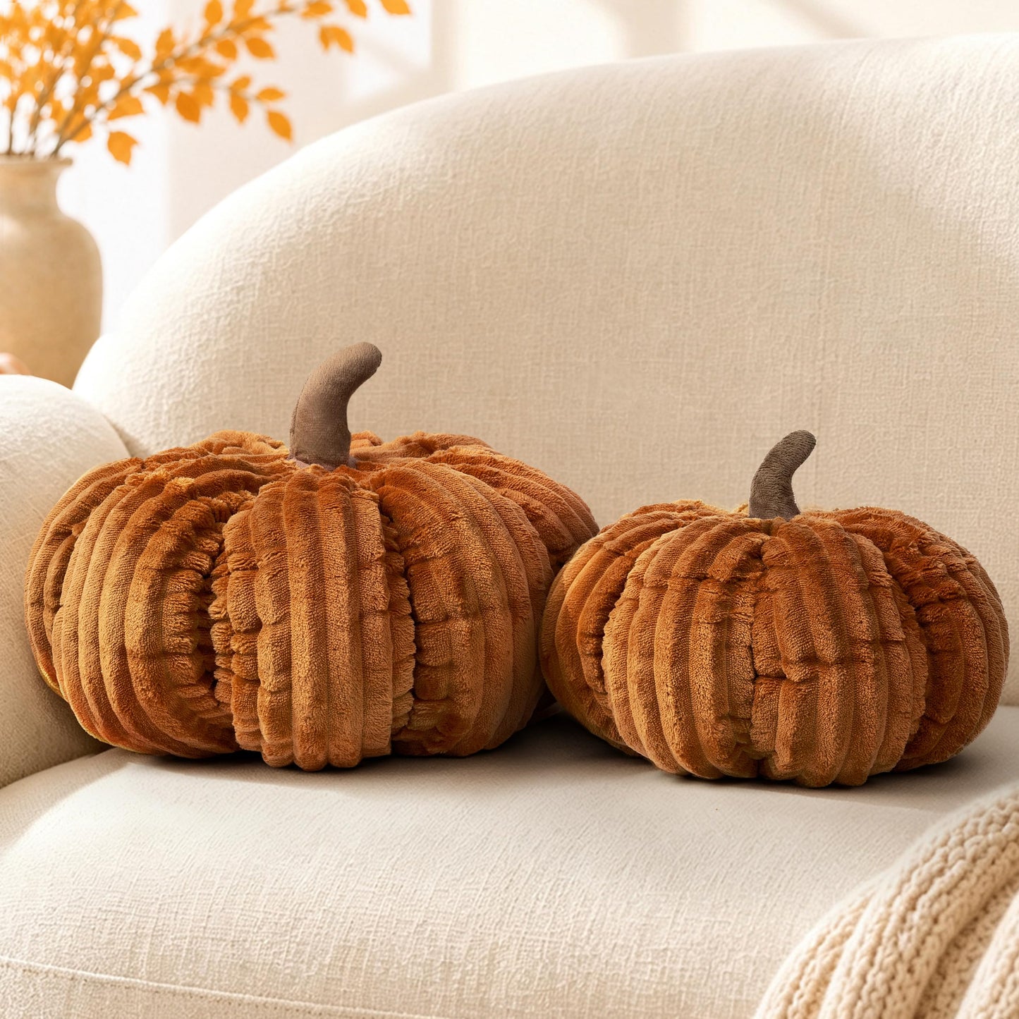 AELS Pumpkin Throw Pillow, 14" Burnt Orange Textured Fall Decorative Pillow | for Couch Sofa Bed Living Room Home Decor, Farmhouse 3D Fall Halloween Thanksgiving Decorative Accent Pillows