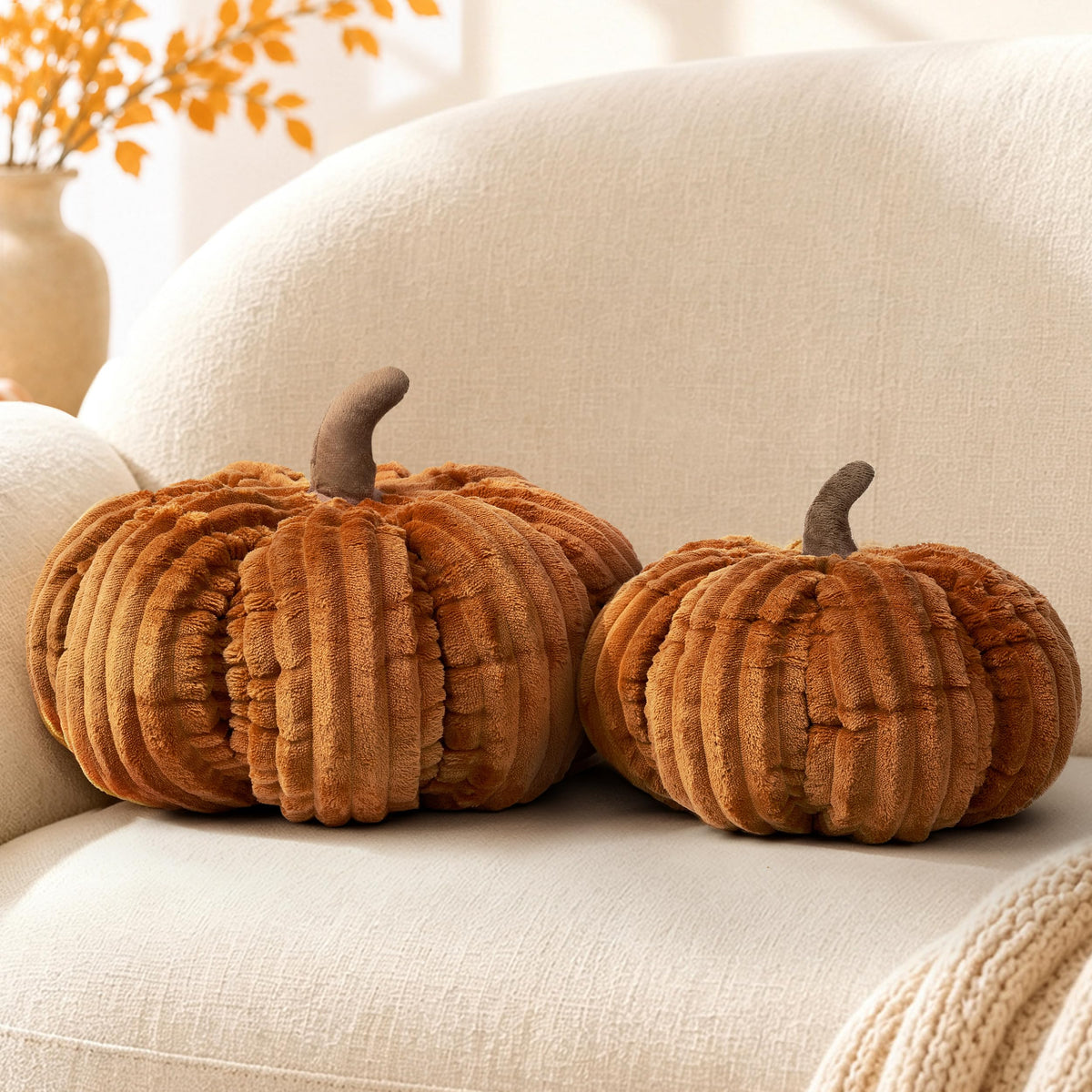 AELS Pumpkin Throw Pillow, 14" Burnt Orange Textured Fall Decorative Pillow
