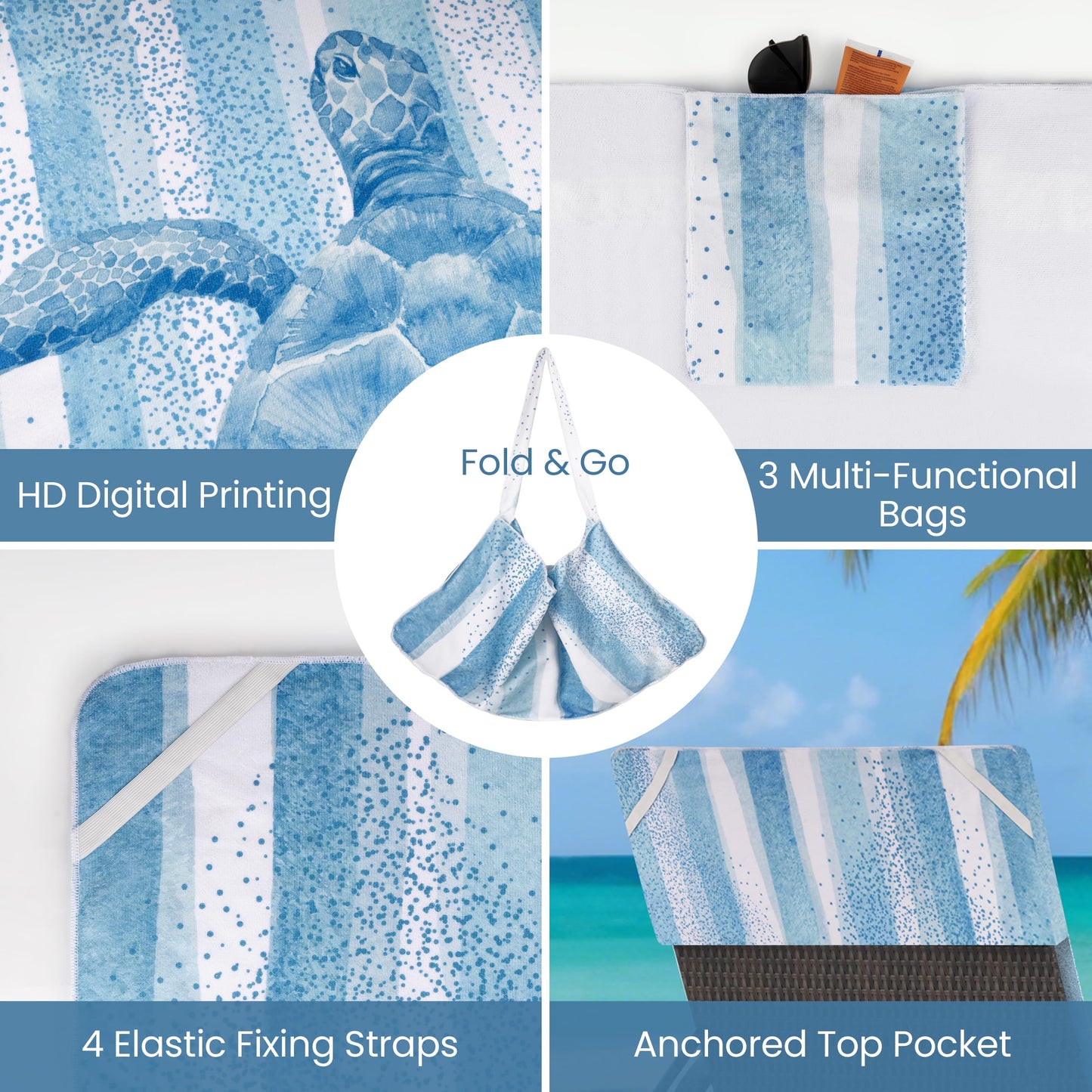 AELS Lounge Chair Towel Cover, Pack of 2 - Microfiber Beach Towels with Pockets, Fits Outdoor Garden Beach Hotel Pool Chairs, Non-Slip & Portable Design, 85" X 30", Sea Turtle Blue Stripe