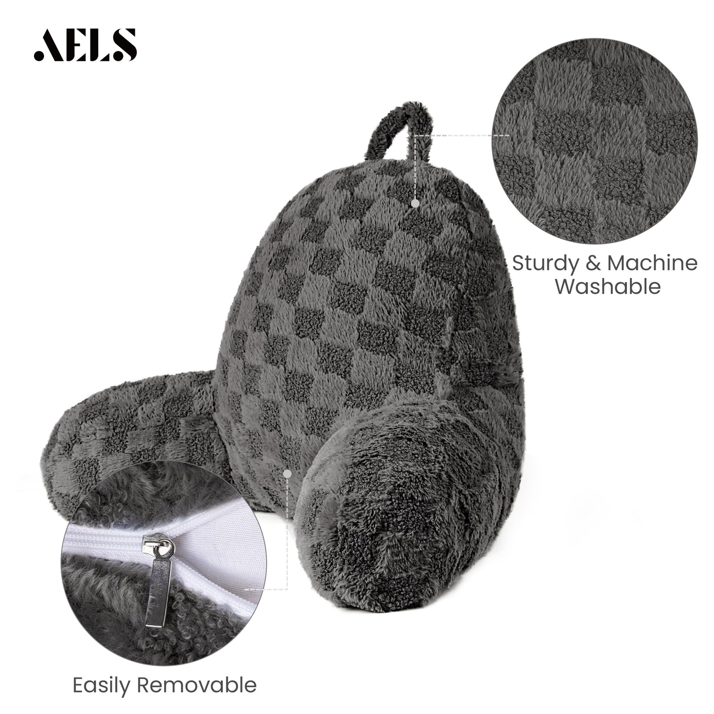 Large Reading Pillow Replacement Cover with Arms and Pockets (Cover ONLY), 18" Soft Faux Fur Checkered Backrest Pillow Cover Fits Standard Size Reading Pillows, Beige