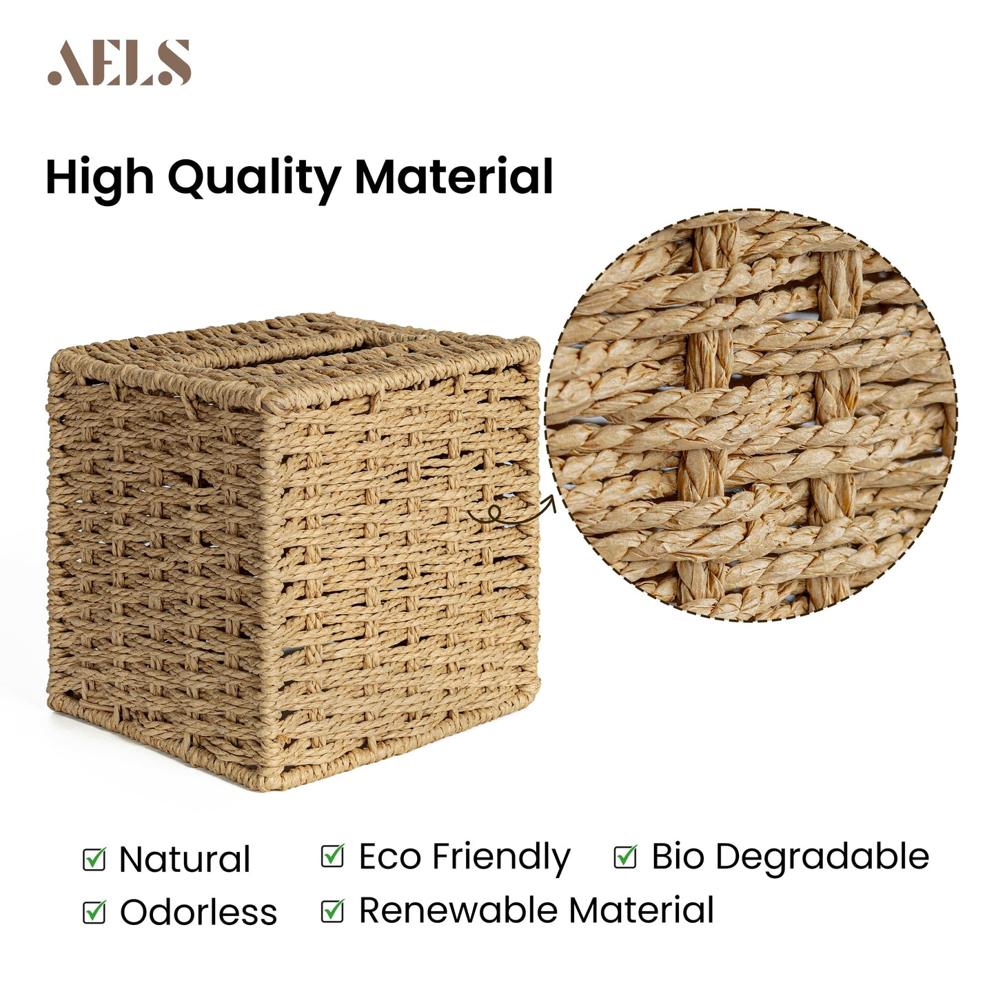 Farmhouse Tissue Box Cover Square, Hand Woven Strawpaper Facial Tissue Paper Holder, Cute Tissue Box Holder Square, Boho Bathroom Decor Box for Tissues Cube Box w/Elastic Bottom, Beige