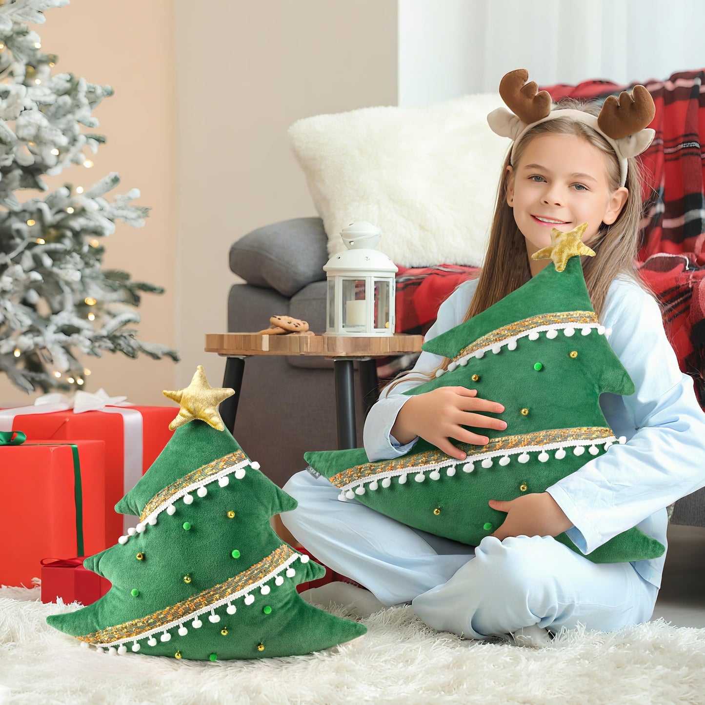 AELS Christmas Tree Decorative Throw Pillow with Golden Bell and Pompom, 20 Inch Holiday Throw Pillows for Christmas Decor, Plush Tree Shaped Decorative Pillows for Living Room Bedroom Sofa