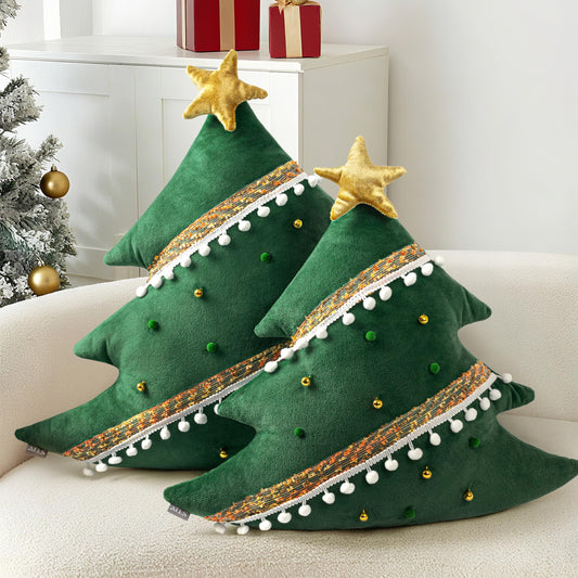 AELS Christmas Tree Decorative Throw Pillow with Golden Bell and Pompom, 20 Inch Holiday Throw Pillows for Christmas Decor, Plush Tree Shaped Decorative Pillows for Living Room Bedroom Sofa
