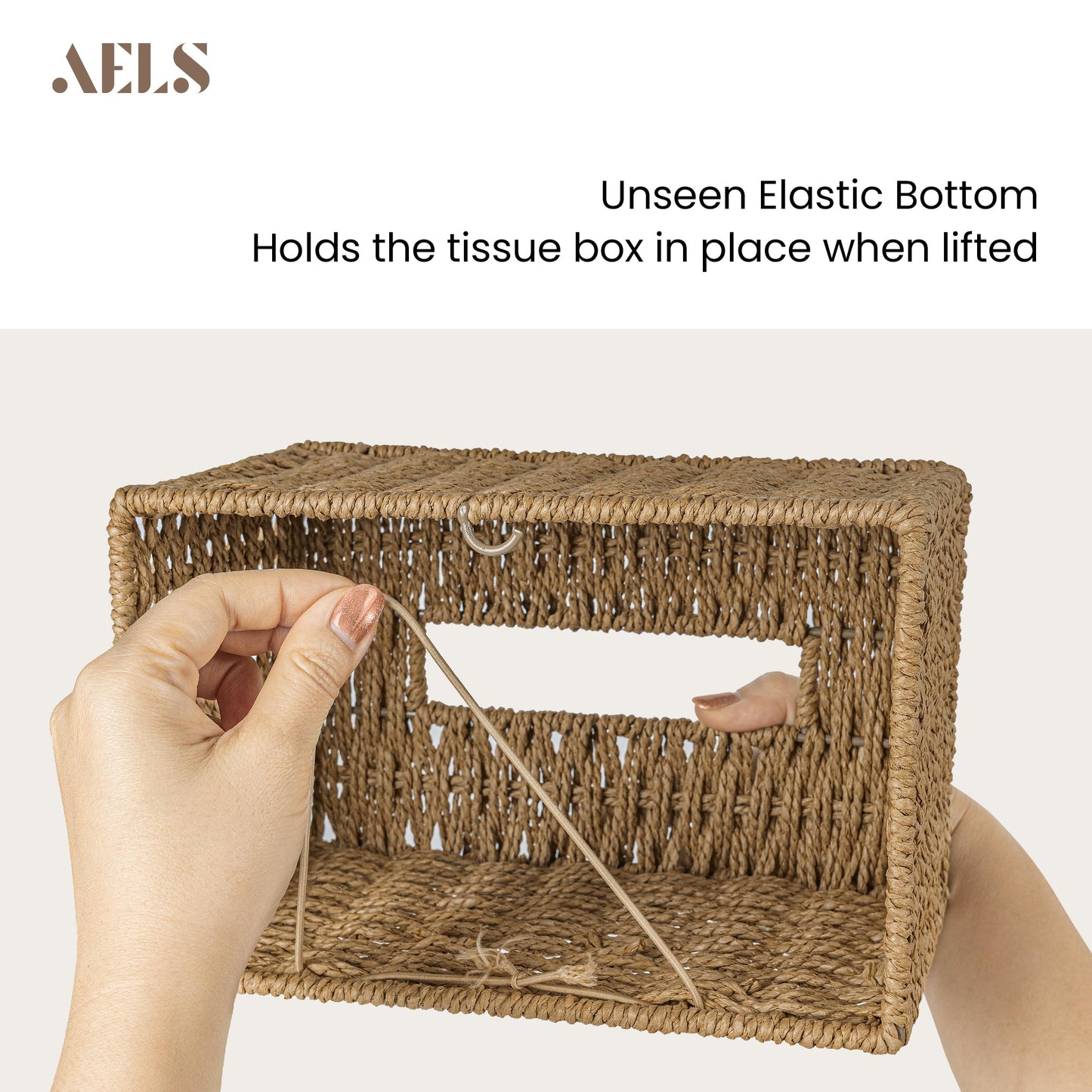 Farmhouse Tissue Box Cover Square, Hand Woven Strawpaper Facial Tissue Paper Holder, Cute Tissue Box Holder Square, Boho Bathroom Decor Box for Tissues Cube Box w/Elastic Bottom, Beige