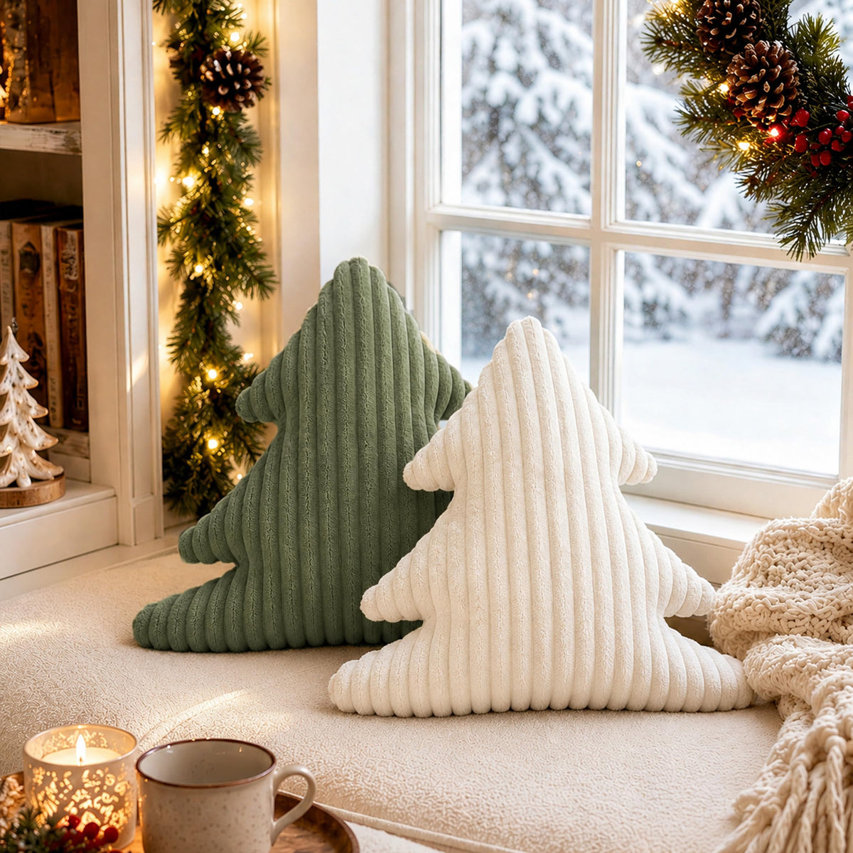 AELS Faux Fur Christmas Tree Decorative Pillow Set of 3, Forest Green Series