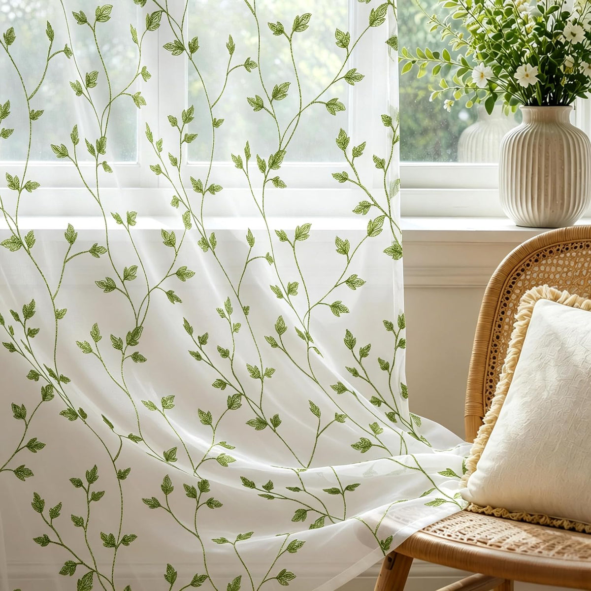 AELS Embroidered Sheer Curtains 84 Inches Long 2 Panels Set, Green Leaf
