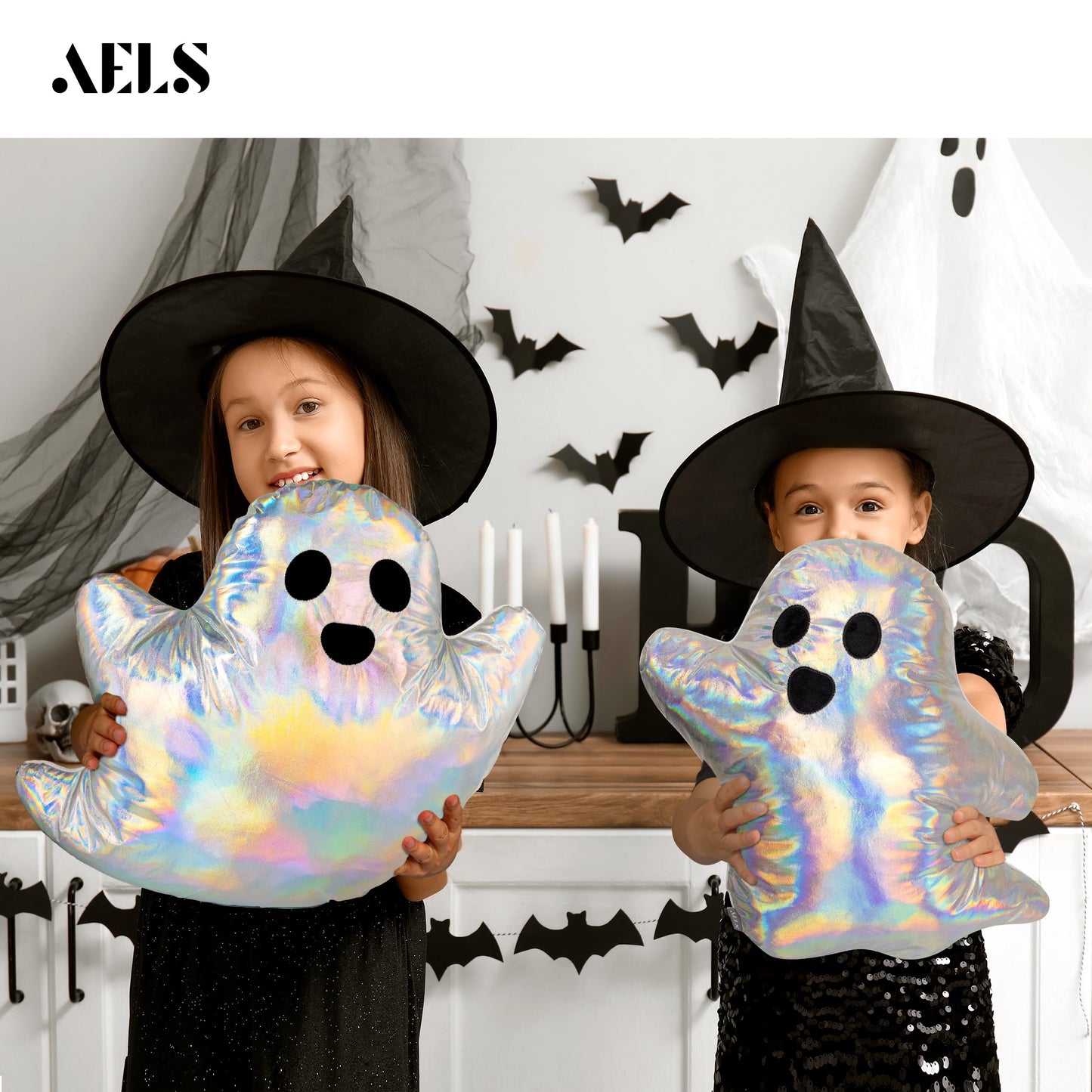 AELS 19.6" Iridescent Ghost Decorative Throw Pillow Set of 2, Ghost Shaped Throw Pillows, Halloween Decorations, Halloween Pillows for Holiday Party Home, Decor for Living Room Bedroom, Rainbow Silver