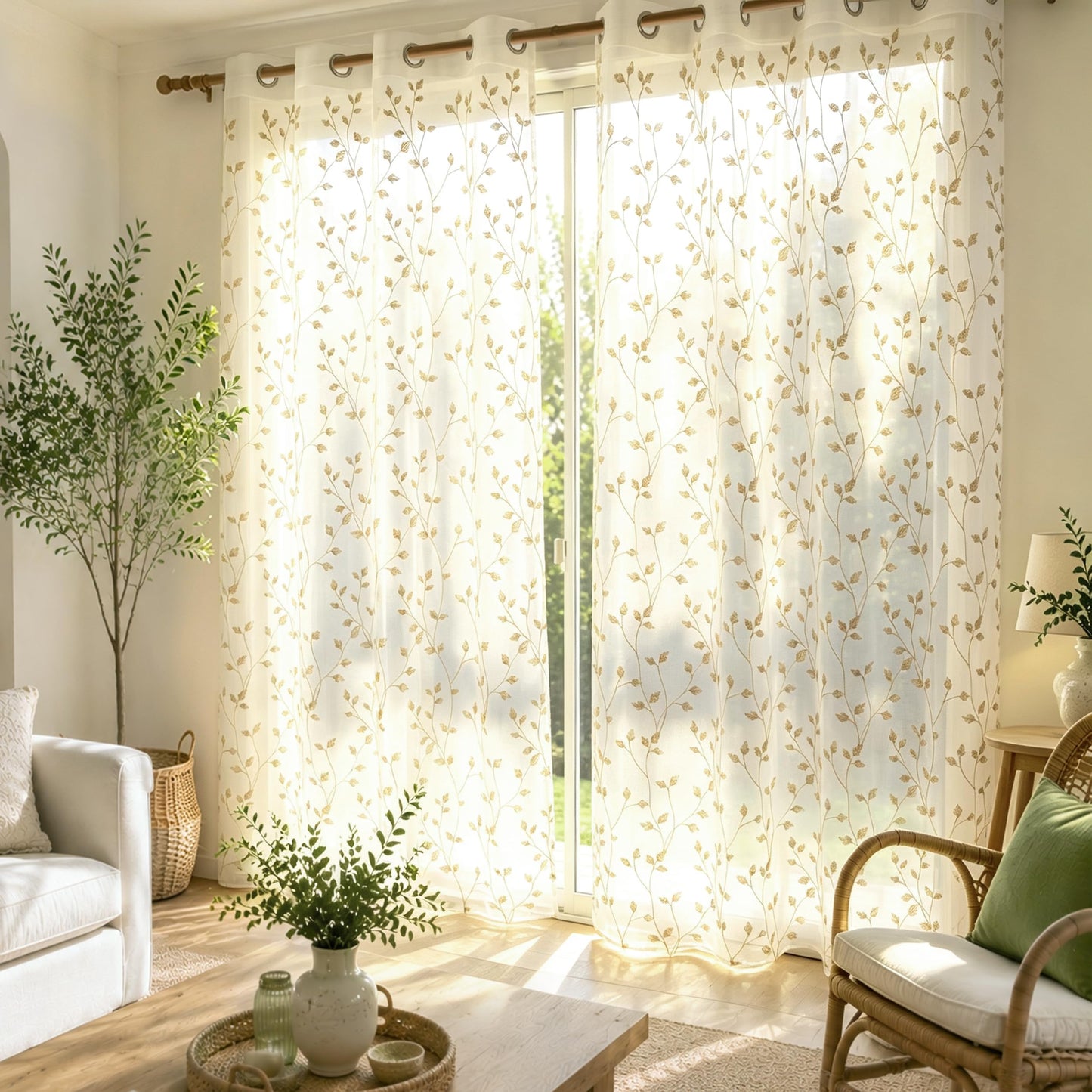 Semi White Sheer Curtains 84 Inches Long 2 Panels Set, White Stem | Embroidered Leaf Patterned Voile Window Treatments for Living Room Bedroom, Airy Light Filtering Grommet Curtains 52"W x 84"L
