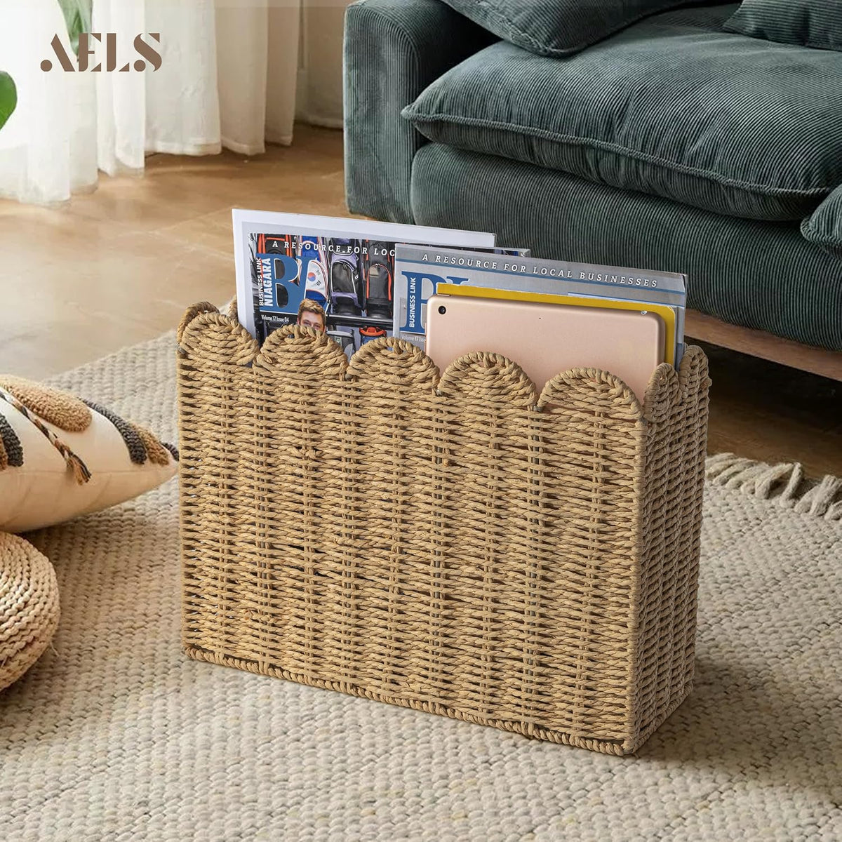 AELS Woven Natural Fibre Magazine Holder, Scalloped Edge Floor Magazine Rack, Hand-woven Organizer, Boho Modern Farmhouse Book Basket, File Newspaper Mail Holder for Office