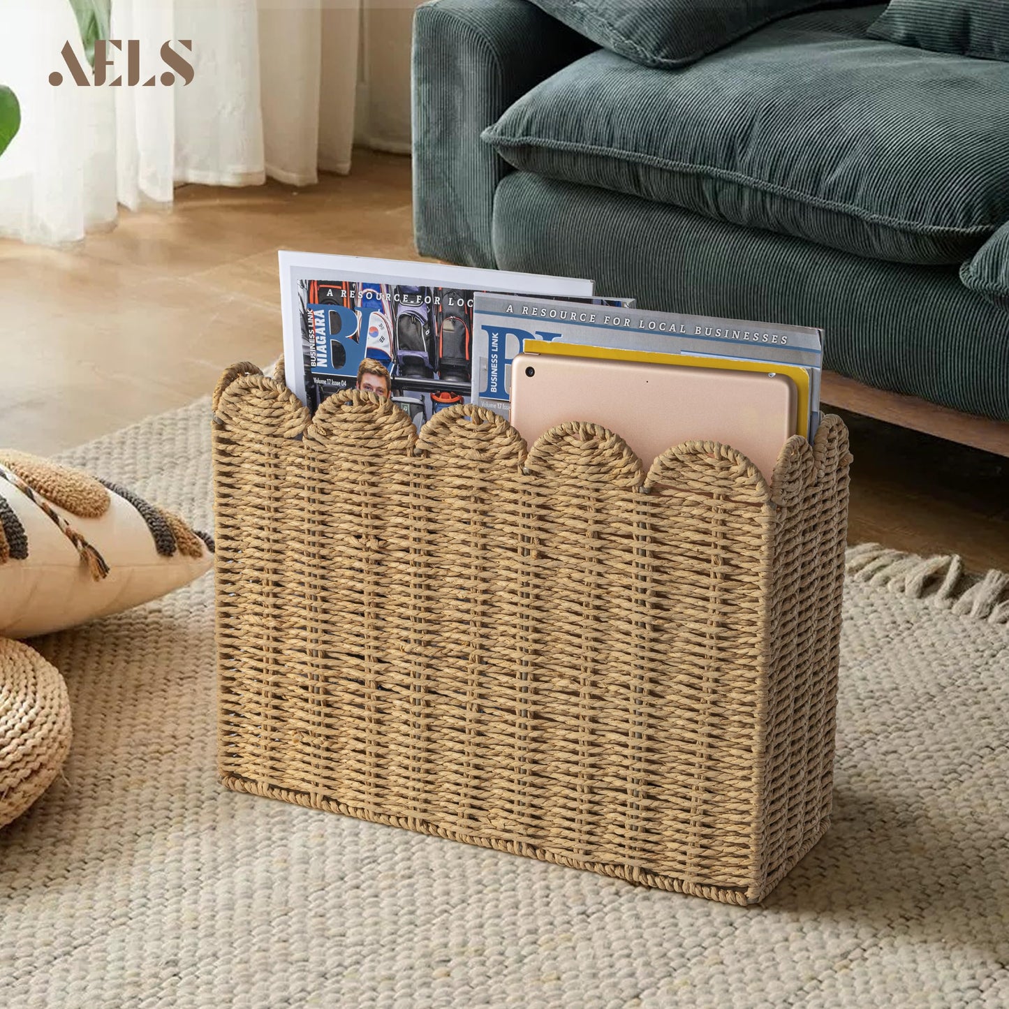 Woven Natural Fibre Magazine Holder, Scalloped Edge Floor Magazine Rack, Hand-woven Organizer, Boho Modern Farmhouse Book Basket, File Newspaper Mail Holder for Office