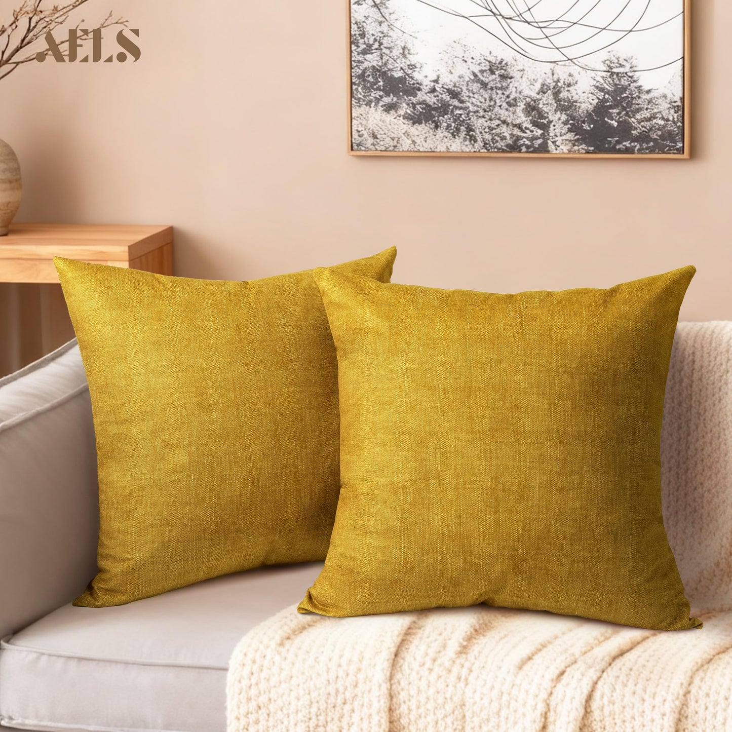 AELS Decorative Throw Pillow Covers 16x16, Set of 2, Soft Textured Look Printed Pillow Case, Modern Farmhouse Cushion Case for Bed Couch Sofa, Mustard Yellow (Covers Only)