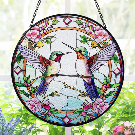 AELS Stained Glass 7.87" Round Suncatcher, Colorful Sun Catcher for Home Garden Window Decor, Window Hanging Ornament Gift for Friends and Family, Pink Feathered Hummingbird