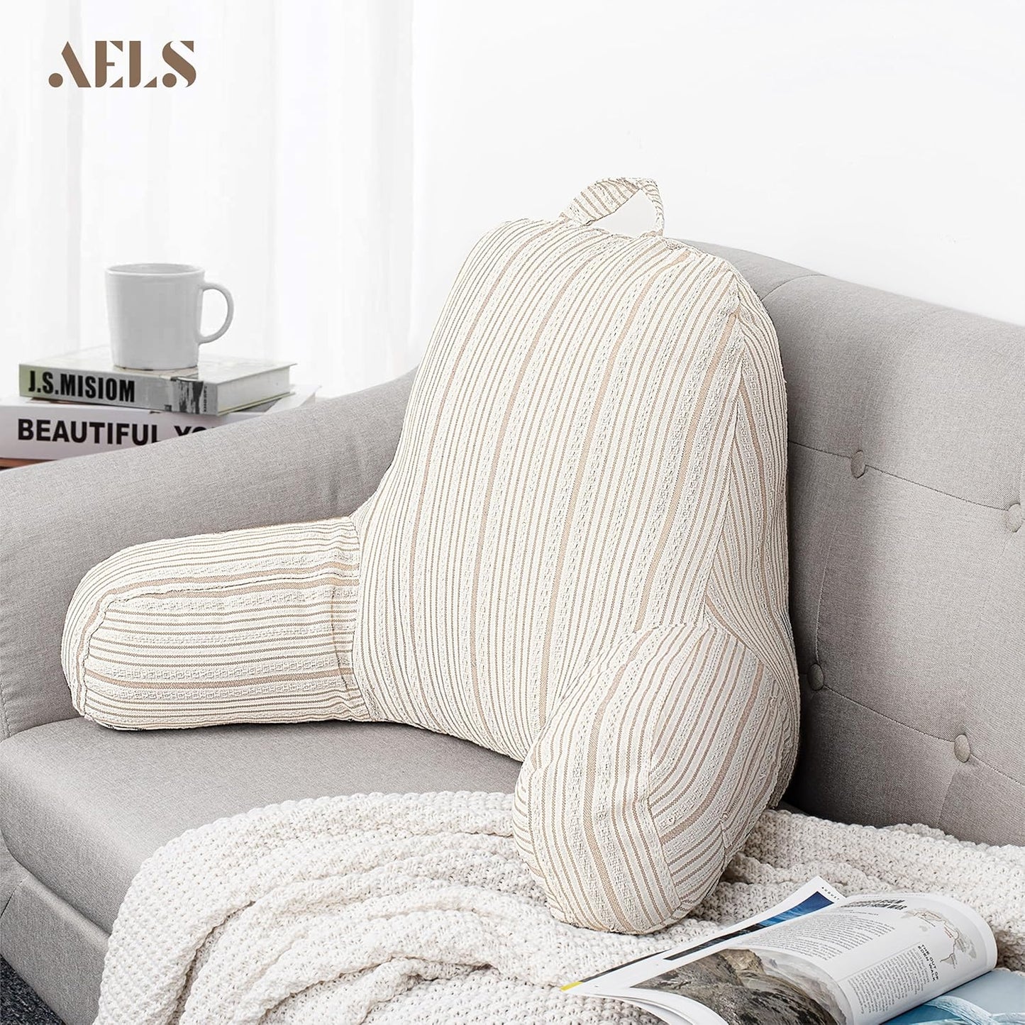AELS Reading Pillow Replacement Cover (No Insert) with Arms and Pockets, 18" Beige with Light Brown Stripes Textured Backrest Pillow Cover Fits Standard Size Pillows (Cover ONLY)