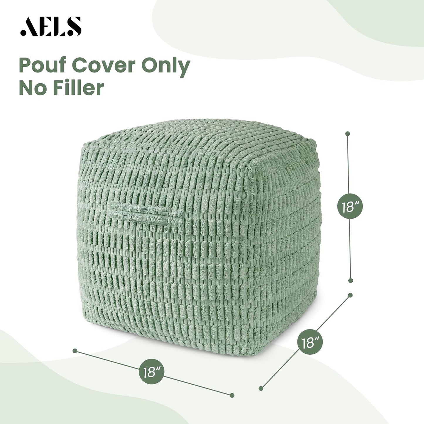 Unstuffed Farmhouse Pouf Cover for Living Room, Boho Storage Bean Bag Cubes, Sage Green Soft Corduroy Plush Sripe Square Ottoman Pouf Foot Rest Footstool, 18"x18"x18", Cover ONLY