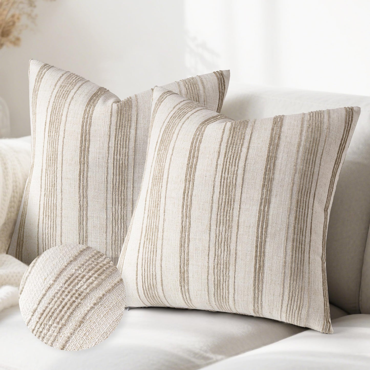 AELS 12x20 Decorative Farmhouse Linen Lumbar Pillow Covers, Beige with Olive Green Chenille Striped Pillow Case, Set of 2, Boho Textured Cushion Cover for Sofa Couch Living Room (Cover ONLY)