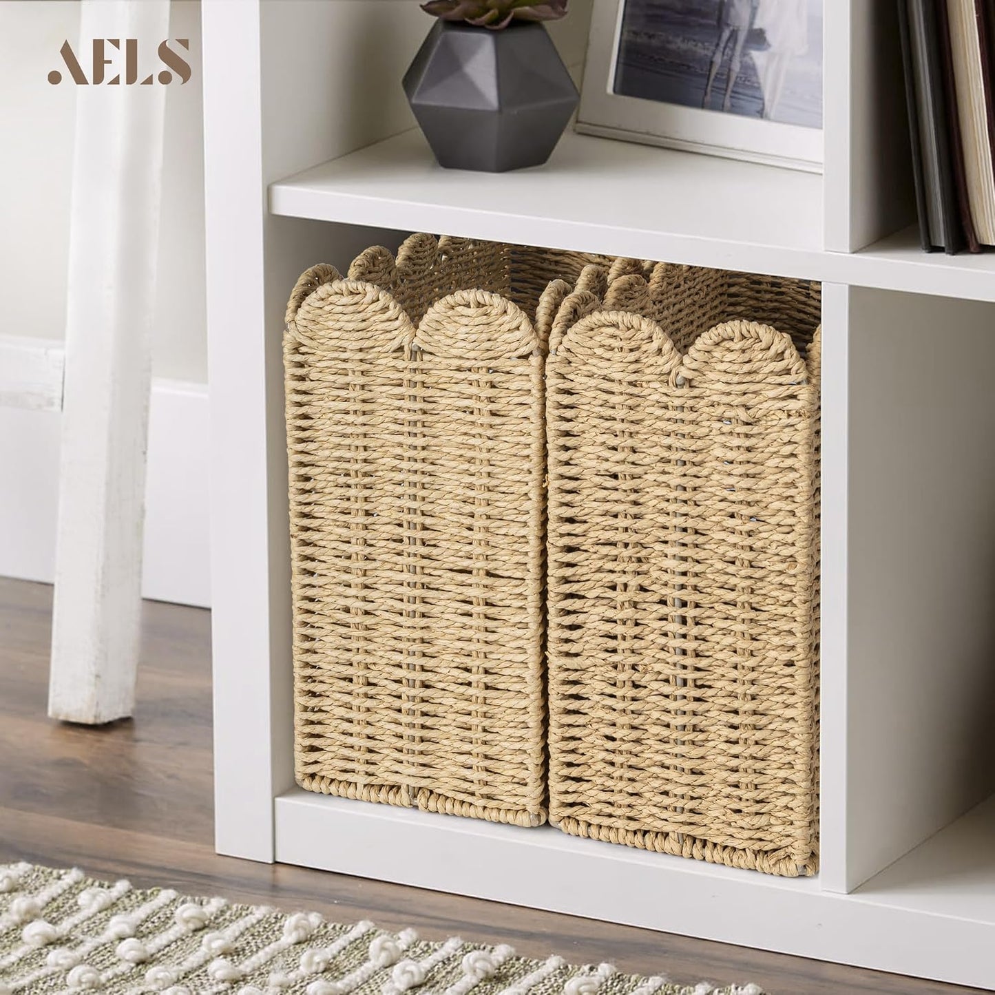 Woven Natural Fibre Magazine Holder, Scalloped Edge Floor Magazine Rack, Hand-woven Organizer, Boho Modern Farmhouse Book Basket, File Newspaper Mail Holder for Office