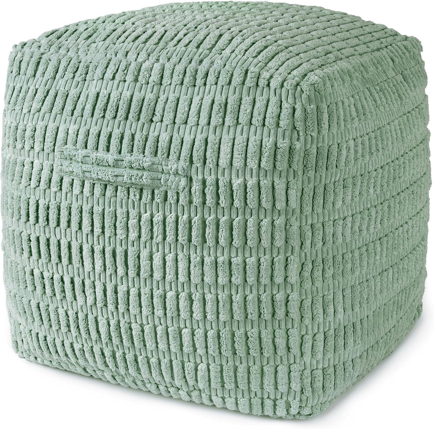 Unstuffed Farmhouse Pouf Cover for Living Room, Boho Storage Bean Bag Cubes, Sage Green Soft Corduroy Plush Sripe Square Ottoman Pouf Foot Rest Footstool, 18"x18"x18", Cover ONLY