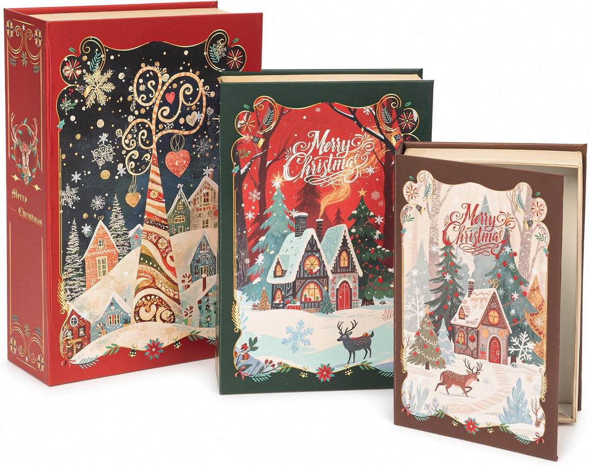 AELS 3 Pcs Christmas Decorative Books for Home Decor with Hidden Storage, Stackable Faux Book Boxes for Coffee Table Bookshelf, Hardcover Classic Xmas Mantel & Shelf Decor (8", 7", 6")