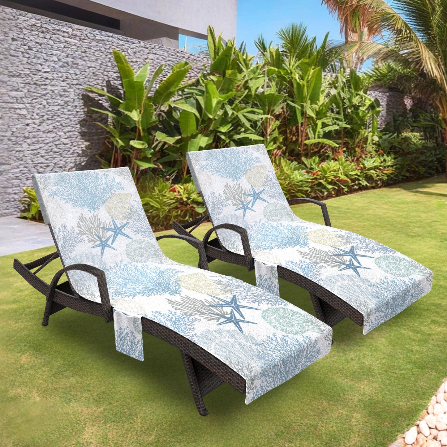 Lounge Chair Towel Cover, Pack of 2 - Microfiber Beach Towels with Pockets, Fits Outdoor Garden Beach Hotel Pool Chairs, Non-Slip & Portable Design, 85" X 30", Ombre Blue Stripes