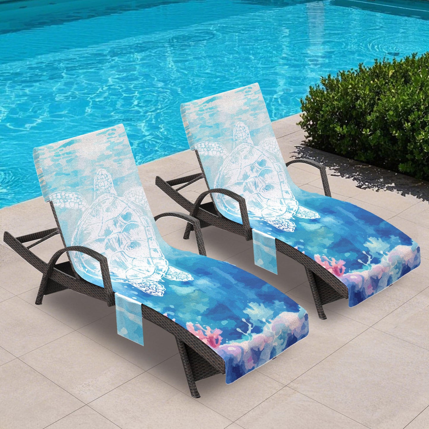 AELS Lounge Chair Towel Cover, Pack of 2 - Microfiber Beach Towels with Pockets, Fits Outdoor Garden Beach Hotel Pool Chairs, Non-Slip & Portable Design, 85" X 30", Sea Turtle Blue Stripe