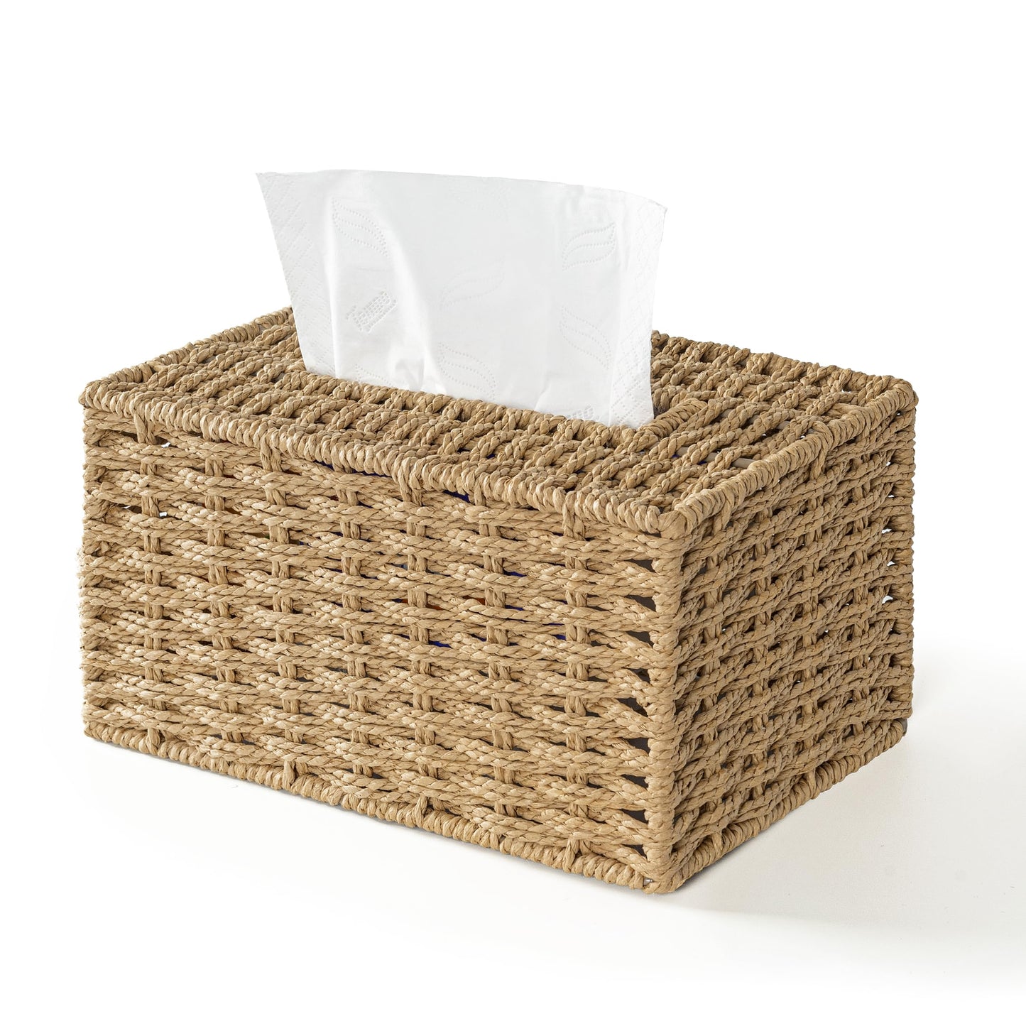 Farmhouse Tissue Box Cover Square, Hand Woven Strawpaper Facial Tissue Paper Holder, Cute Tissue Box Holder Square, Boho Bathroom Decor Box for Tissues Cube Box w/Elastic Bottom, Beige