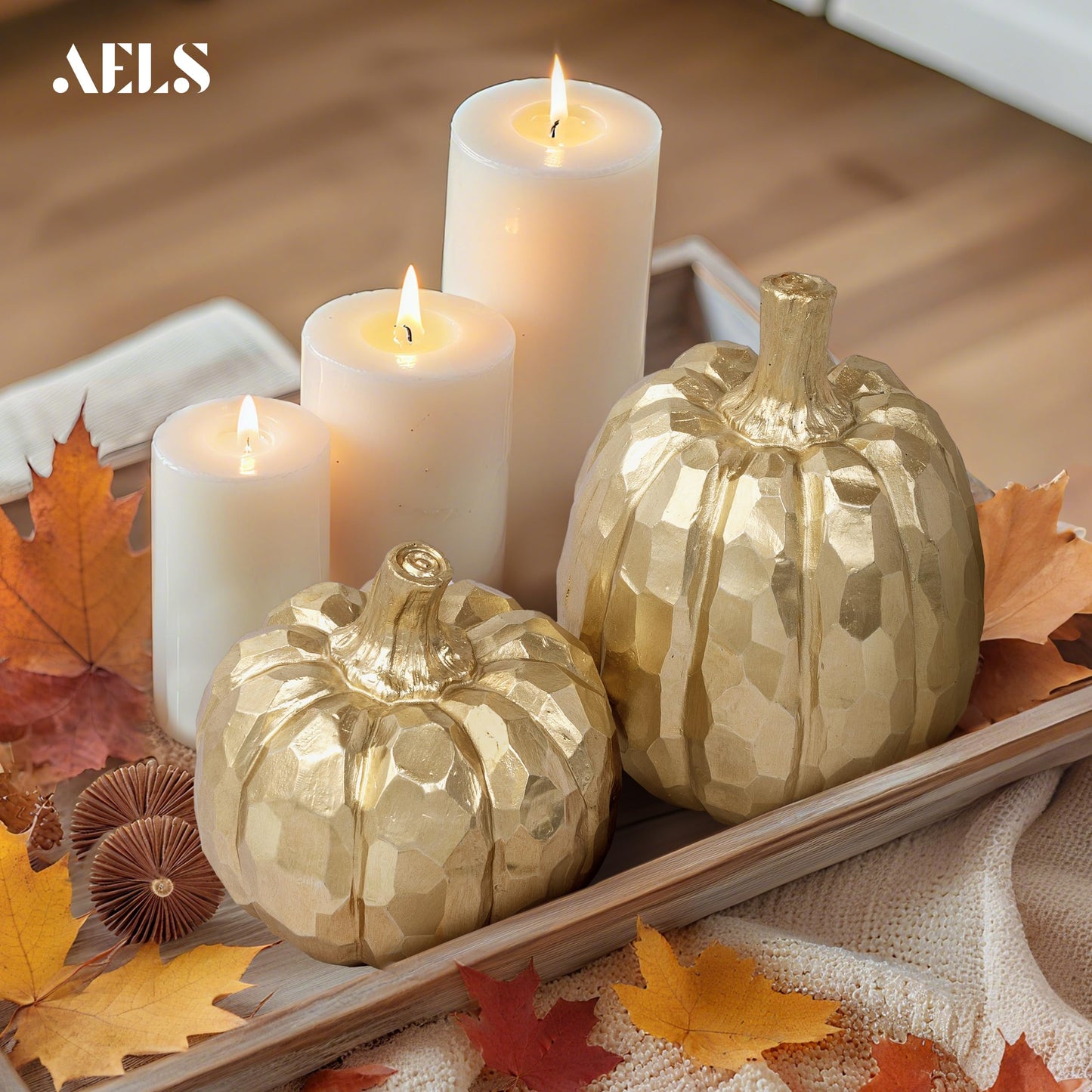AELS 5.9" Tall Modern Farmhouse Pumpkins Fall Decor Indoor, Set of 2 Elegant Tabletop Decorations, Resin Artificial Pumpkins Decor for Fall Table Runner, Office, Holiday Party Home, White