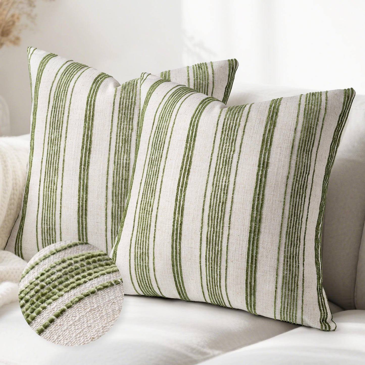 AELS 12x20 Decorative Farmhouse Linen Lumbar Pillow Covers, Beige with Olive Green Chenille Striped Pillow Case, Set of 2, Boho Textured Cushion Cover for Sofa Couch Living Room (Cover ONLY)