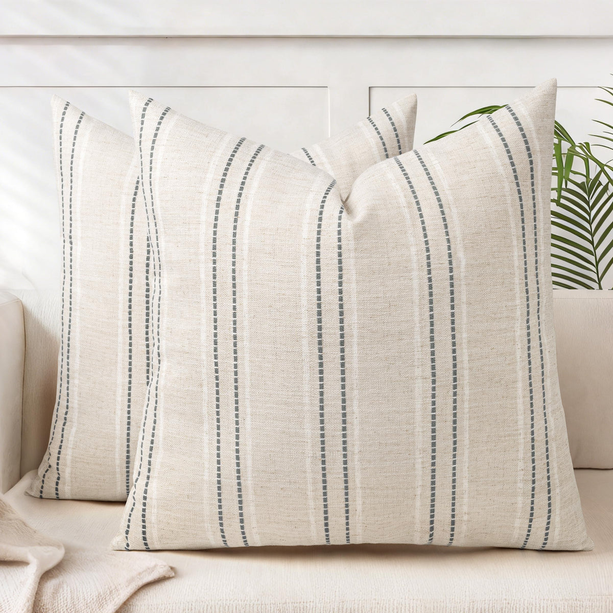 AELS 20x20 Decorative Farmhouse Linen Blend Throw Pillow Covers, Boho Textured Pillow Case, Set of 2, Beige with White & Brown Stitch Yarn Dyed Stripe Cushion Cover for Sofa Living Room (Cover O