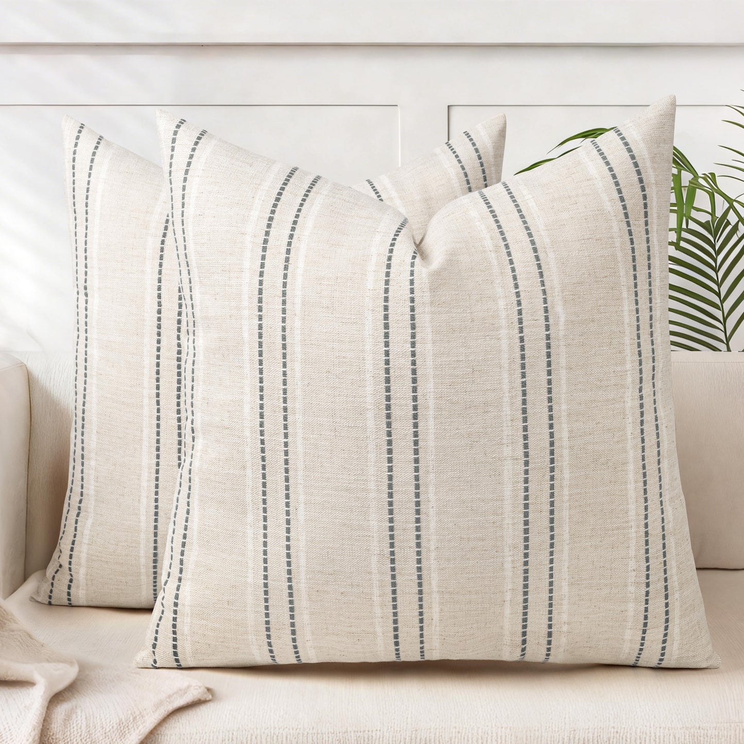 AELS 12x20 Decorative Farmhouse Linen Blend Throw Pillow Covers, Boho Textured Pillow Case, Set of 2, Beige with White & Brown Stitch Yarn Dyed Stripe Cushion Cover for Sofa Living Room (Cover ONLY)