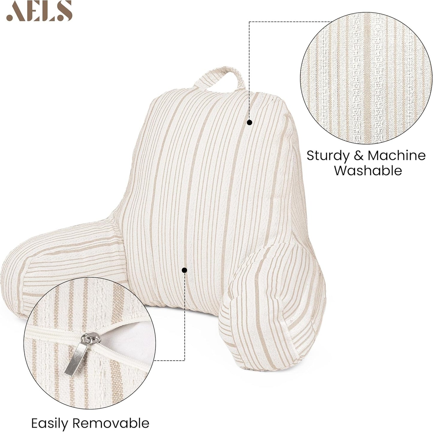AELS Reading Pillow Replacement Cover (No Insert) with Arms and Pockets, 18" Beige with Light Brown Stripes Textured Backrest Pillow Cover Fits Standard Size Pillows (Cover ONLY)