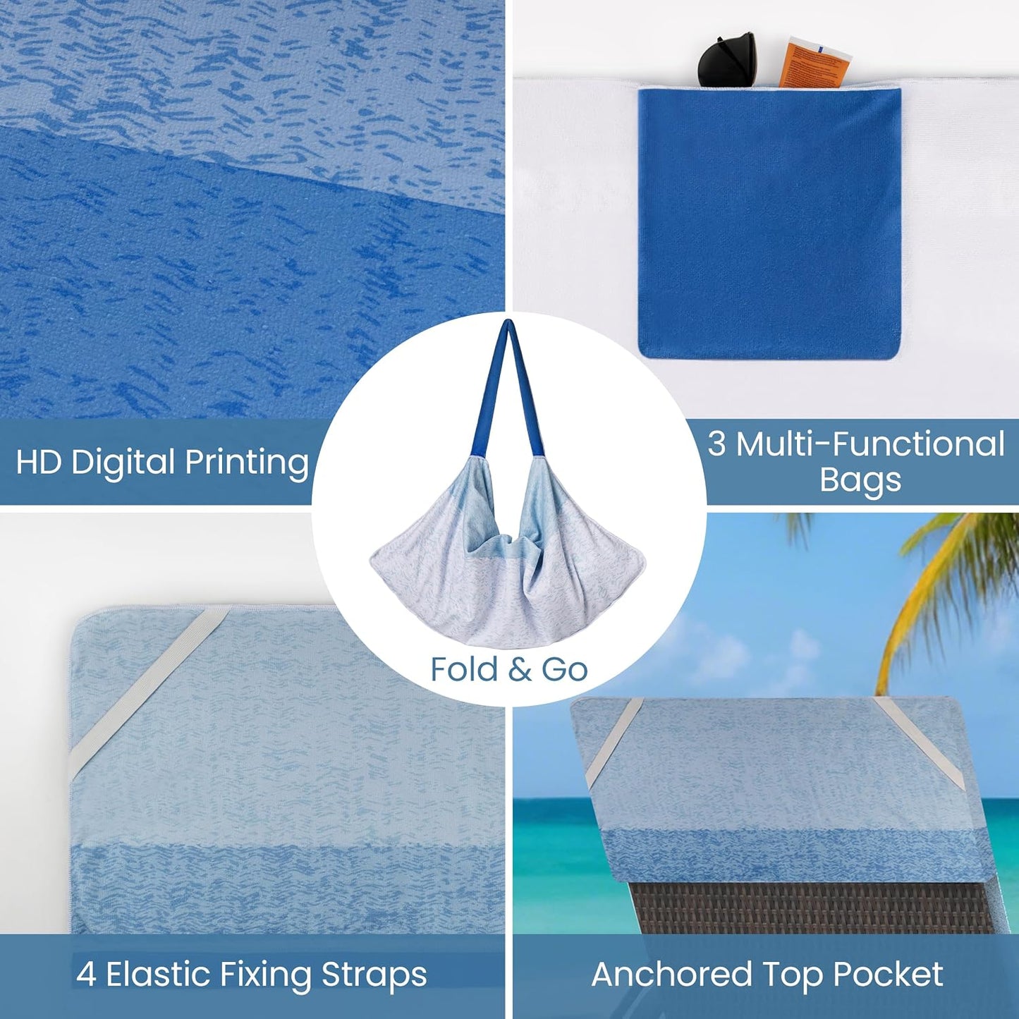 Lounge Chair Towel Cover, Pack of 2 - Microfiber Beach Towels with Pockets, Fits Outdoor Garden Beach Hotel Pool Chairs, Non-Slip & Portable Design, 85" X 30", Ombre Blue Stripes