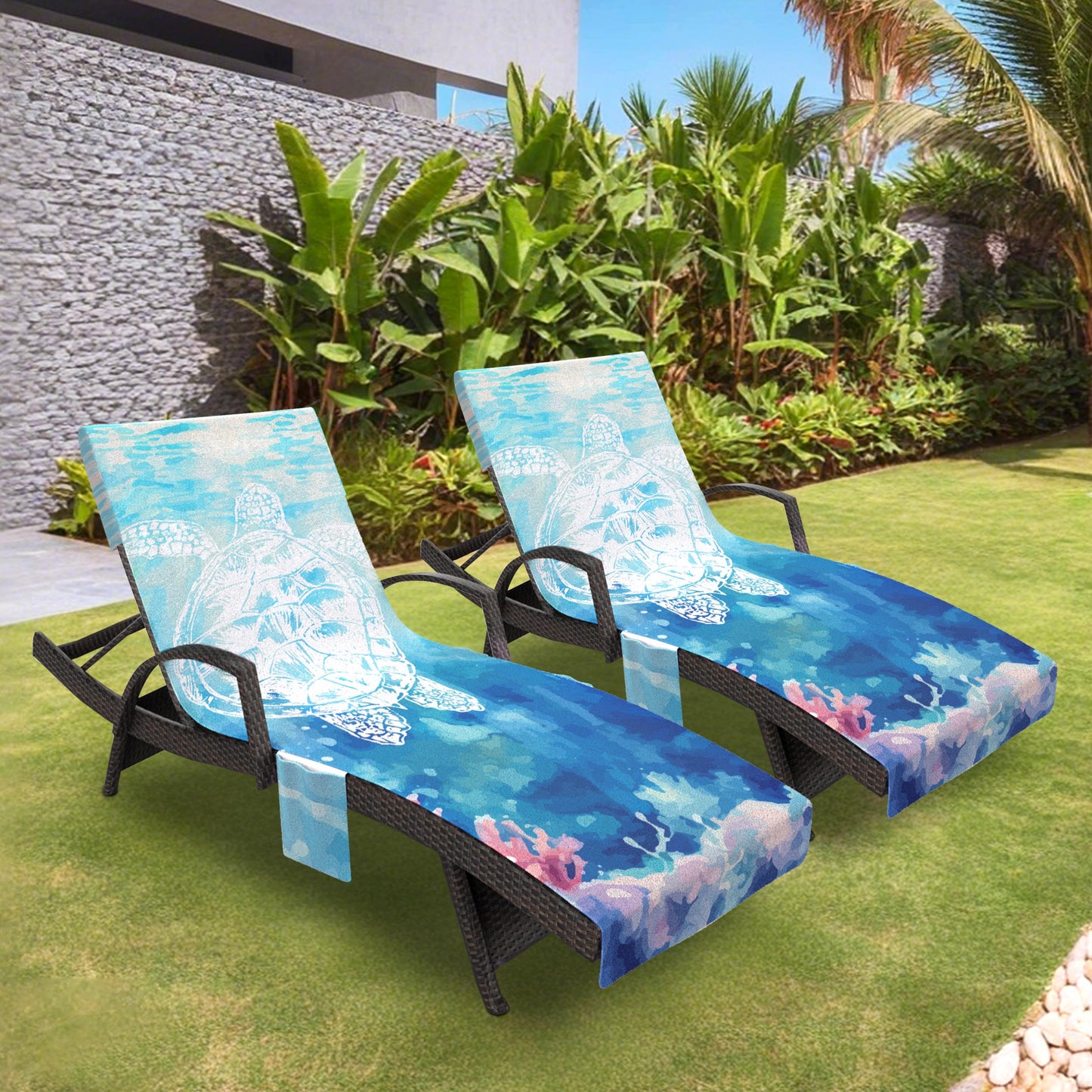 AELS Lounge Chair Towel Cover, Pack of 2 - Microfiber Beach Towels with Pockets, Fits Outdoor Garden Beach Hotel Pool Chairs, Non-Slip & Portable Design, 85" X 30", Sea Turtle Blue Stripe