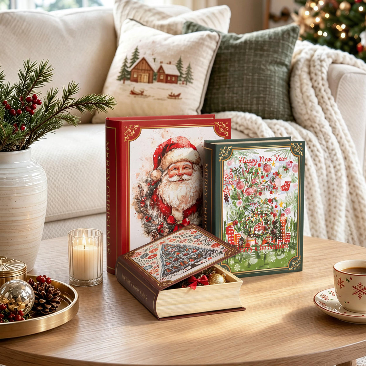 AELS 3 Pcs Christmas Decorative Books for Home Decor with Hidden Storage, Stackable Faux Book Boxes for Coffee Table Bookshelf, Hardcover Classic Xmas Mantel & Shelf Decor (8", 7", 6")