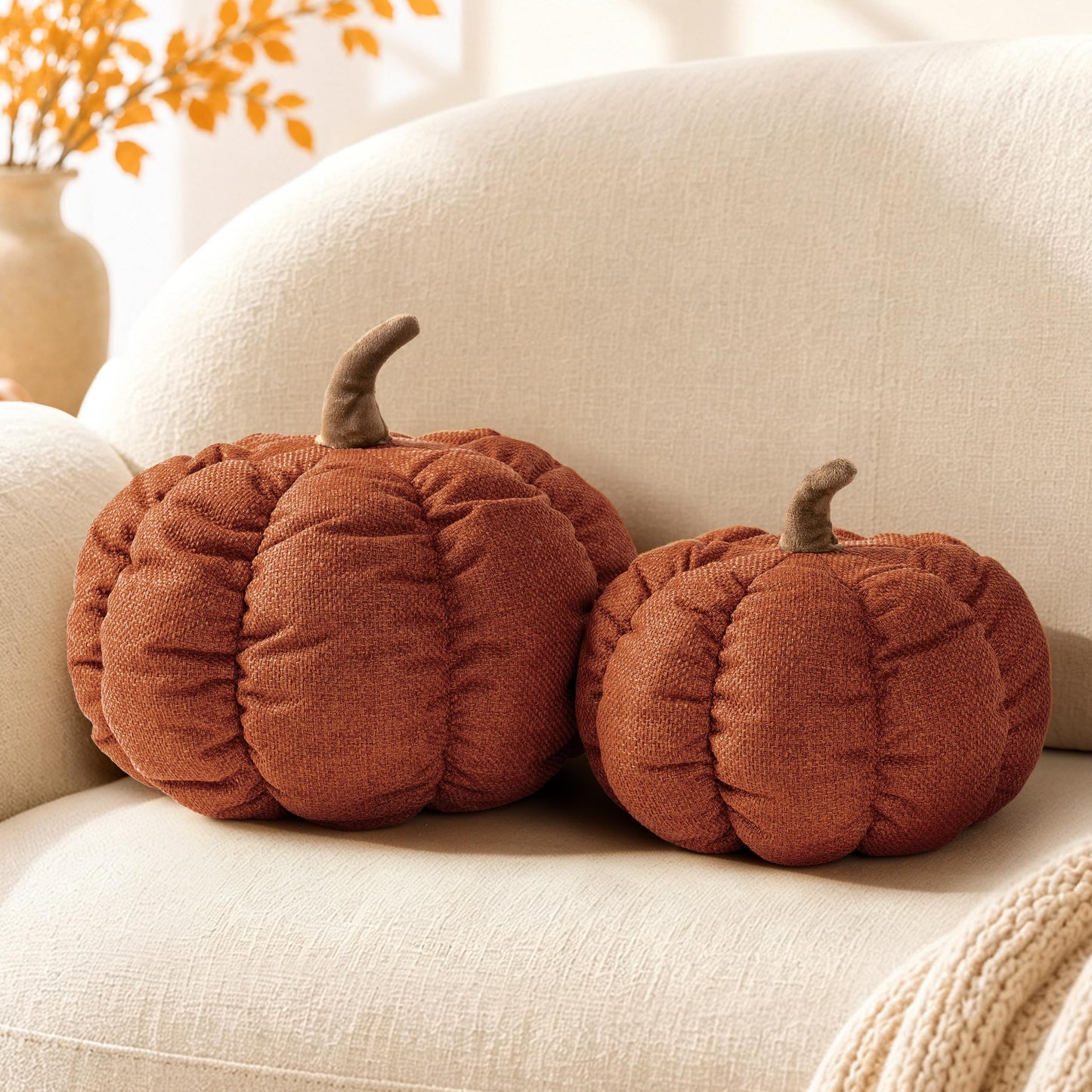 AELS Pumpkin Throw Pillow, 14" Burnt Orange Textured Fall Decorative Pillow | for Couch Sofa Bed Living Room Home Decor, Farmhouse 3D Fall Halloween Thanksgiving Decorative Accent Pillows