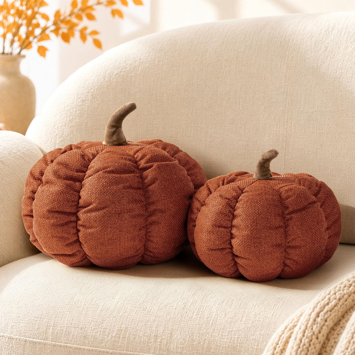 AELS Pumpkin Throw Pillow, 14" Burnt Orange Textured Fall Decorative Pillow