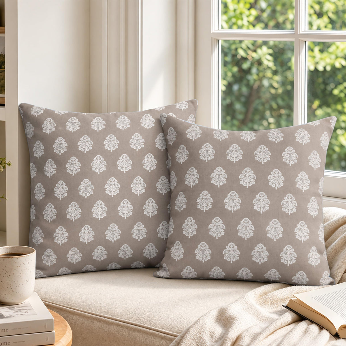 AELS 18x18 Decorative Farmhouse Throw Pillow Covers, Boho Floral Block Print Pillow Covers, Set of 2, Slate Blue Botanical Cushion Covers for Sofa Couch Bed Living Room Bedroom, Cover Only