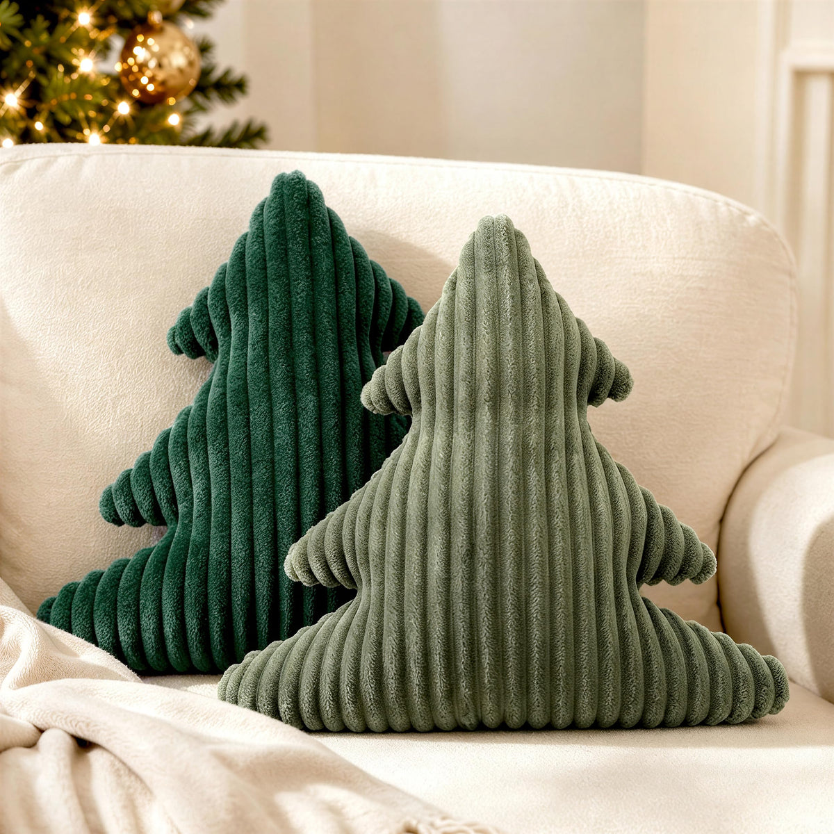 AELS Faux Fur Christmas Tree Decorative Pillow Set of 3, Forest Green Series