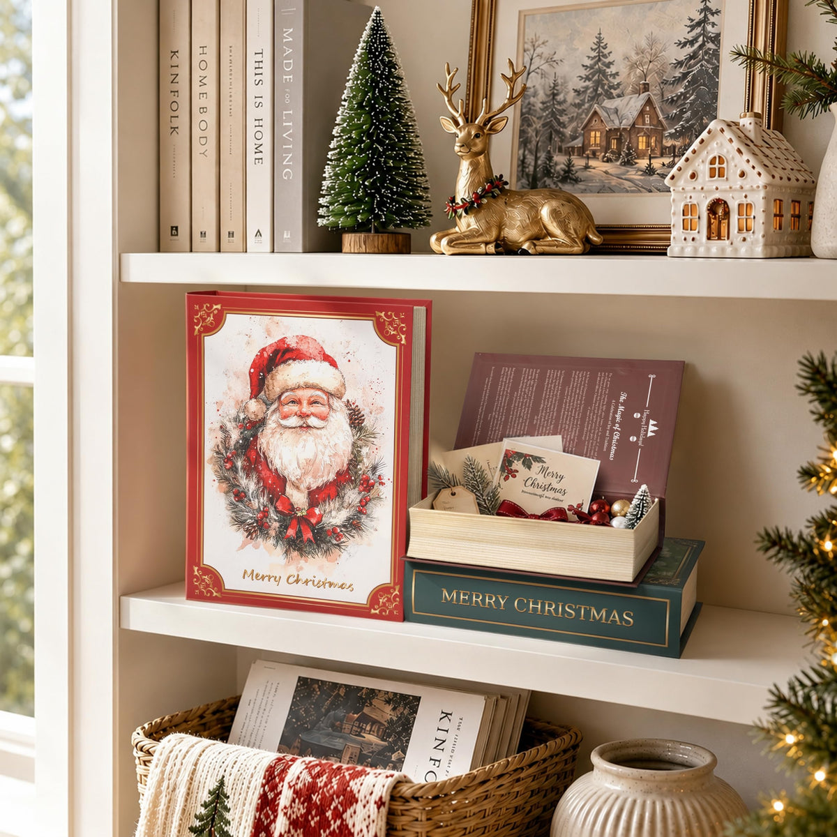 AELS 3 Pcs Christmas Decorative Books for Home Decor with Hidden Storage, Stackable Faux Book Boxes for Coffee Table Bookshelf, Hardcover Classic Xmas Mantel & Shelf Decor (8", 7", 6")