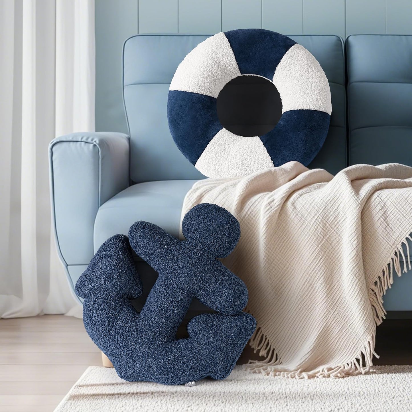 AELS 3D Anchor & Lifebuoy Nautical Decorative Throw Pillows, 19.6"& 15.7" Set of 2, Coastal Decor for Beach Enthusiasts Beach House, Sofa Couch Living Room Bedroom and Nursery, Navy Blue and White