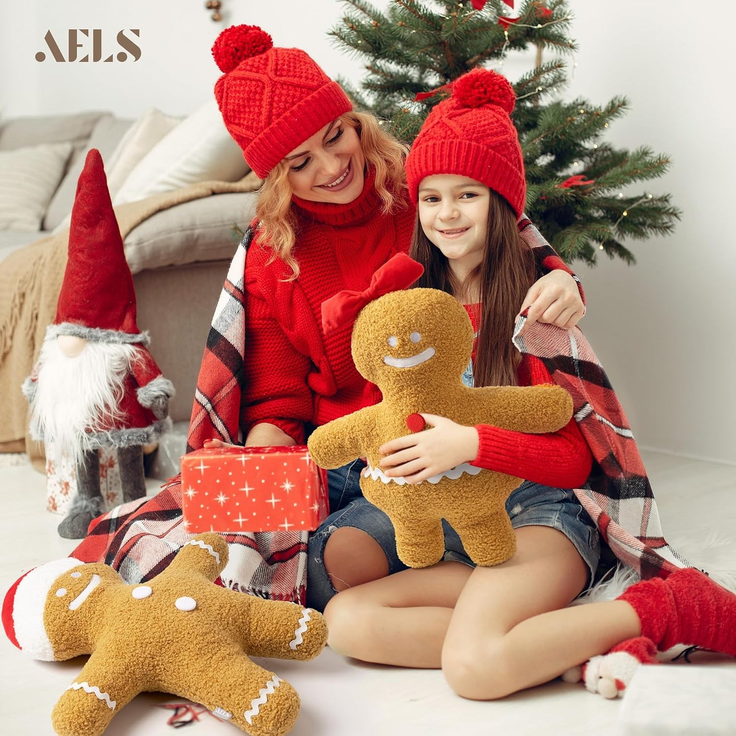 AELS Gingerbread Man Pillow Set of 2, 19" Christmas Decorative Throw Pillows, Gingerbread Boy & Girl Shaped Plush for Christmas, Living Room Bedroom Decoration
