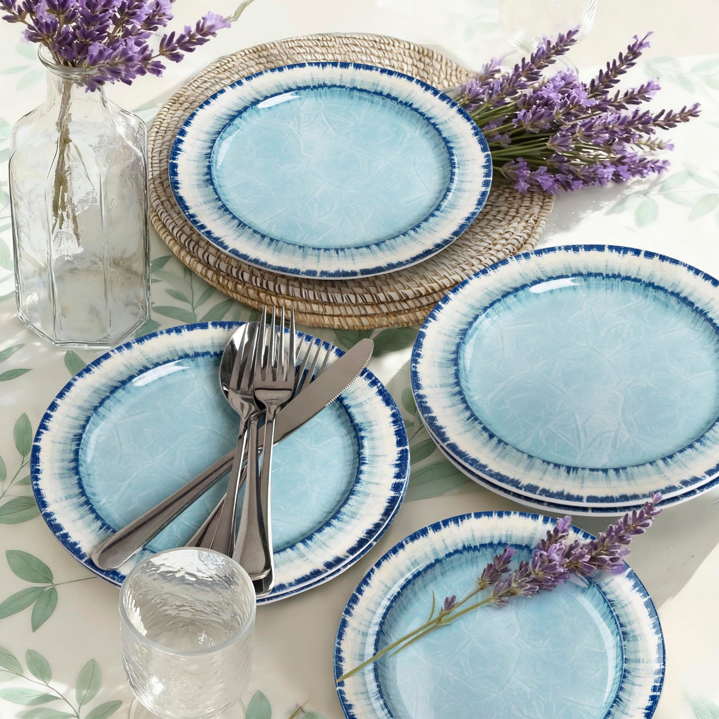 AELS Melamine Dinnerware Set of 12 Pcs Dinner Dishes Set for Indoor and Outdoor Use, Dishwasher Safe, Lightweight Unbreakable, BPA Free, Light Blue