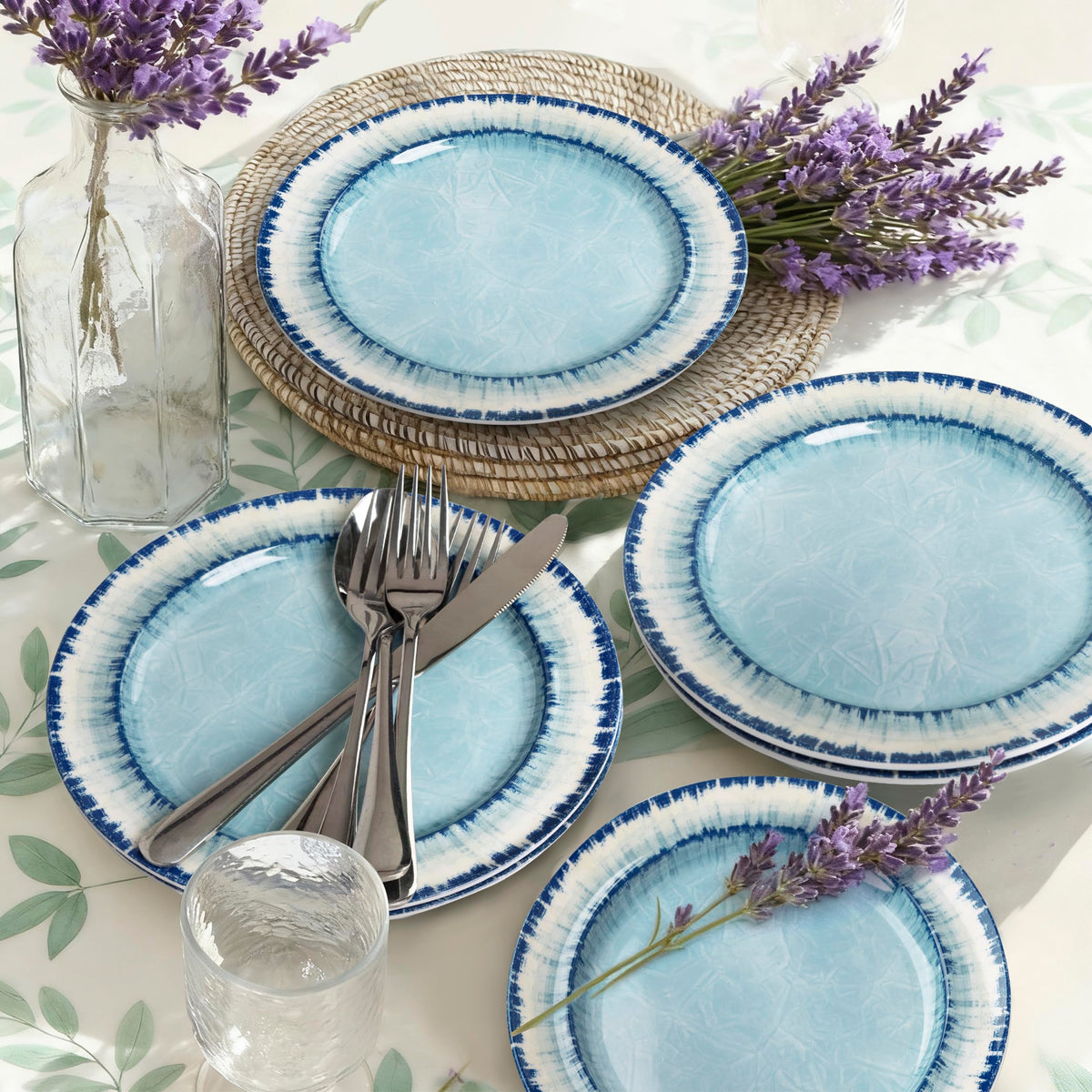 AELS Melamine Dinnerware Set of 18 Pcs Dinner Dishes Set, Lightweight Unbreakable for Indoor and Outdoor Use, BPA Free, Dishwasher Safe, Light Blue