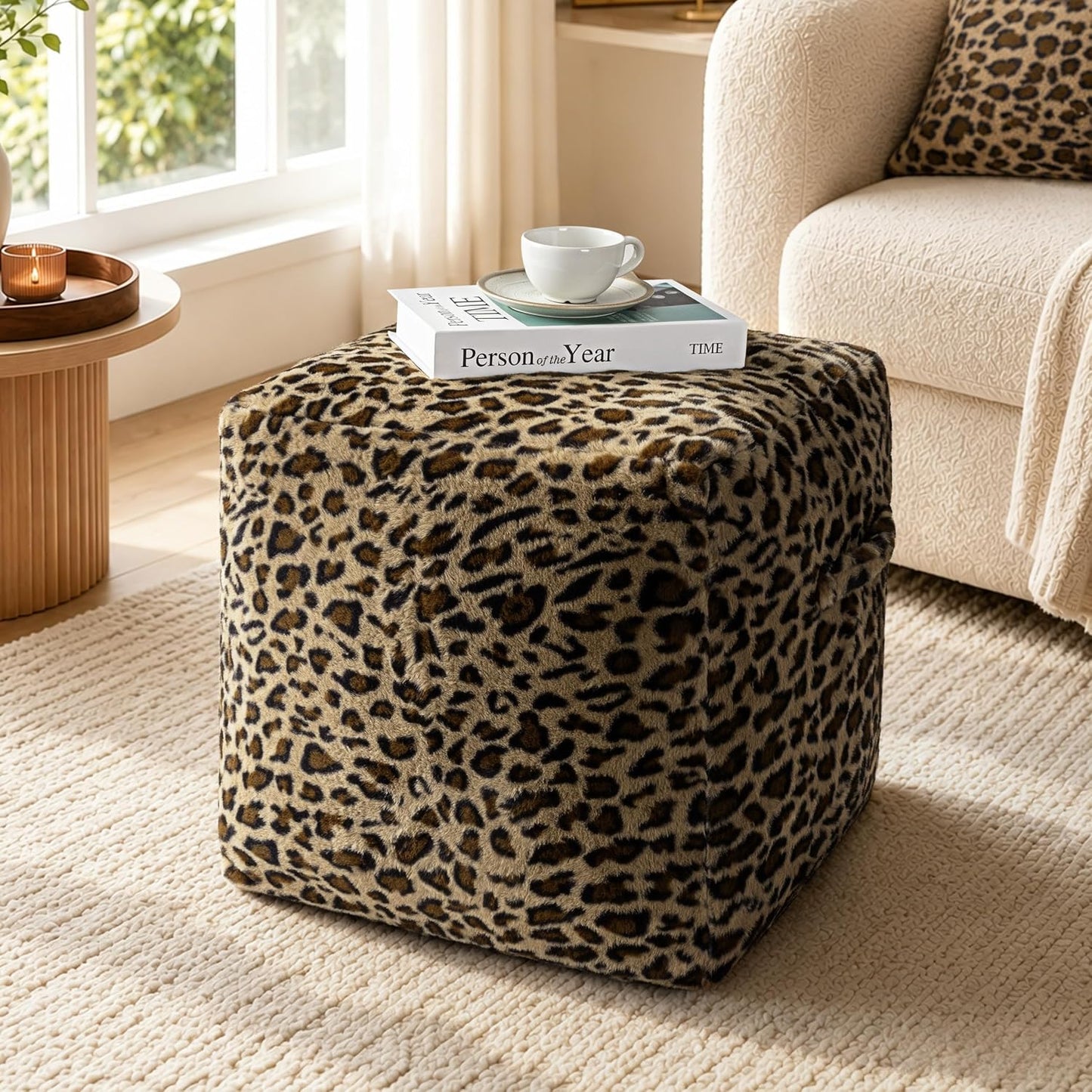 Unstuffed Leopard Cheetah Print Pouf Cover for Living Room, Boho Chic Modern Storage Bean Bag Cube, Soft Faux Fur Ottoman Foot Rest Footstool, 18"x18"x18", Cover ONLY, Natural Leopard