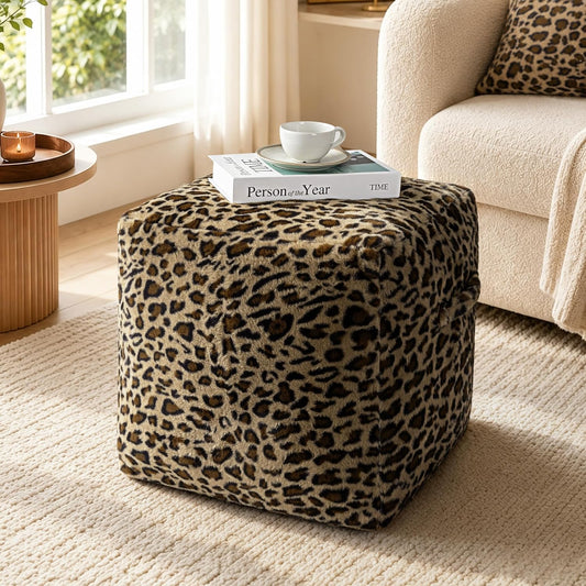 Unstuffed Leopard Cheetah Print Pouf Cover for Living Room, Boho Chic Modern Storage Bean Bag Cube, Soft Faux Fur Ottoman Foot Rest Footstool, 18"x18"x18", Cover ONLY, Natural Leopard