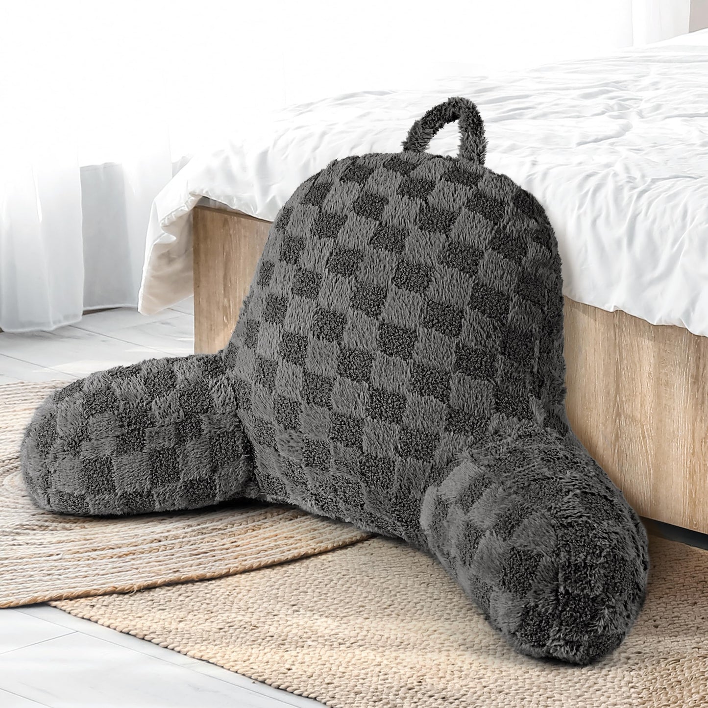 Large Reading Pillow Replacement Cover with Arms and Pockets (Cover ONLY), 18" Soft Faux Fur Checkered Backrest Pillow Cover Fits Standard Size Reading Pillows, Beige