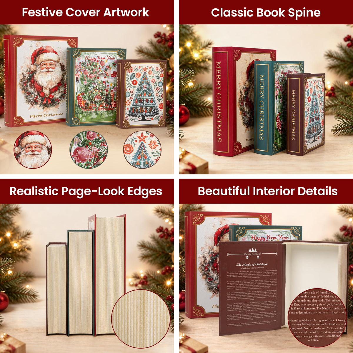 AELS 3 Pcs Christmas Decorative Books for Home Decor with Hidden Storage, Stackable Faux Book Boxes for Coffee Table Bookshelf, Hardcover Classic Xmas Mantel & Shelf Decor (8", 7", 6")